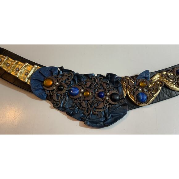 80s Nina Arjani Medium Leatherock Belt Black Blue Gold Leather - Picture 1 of 7